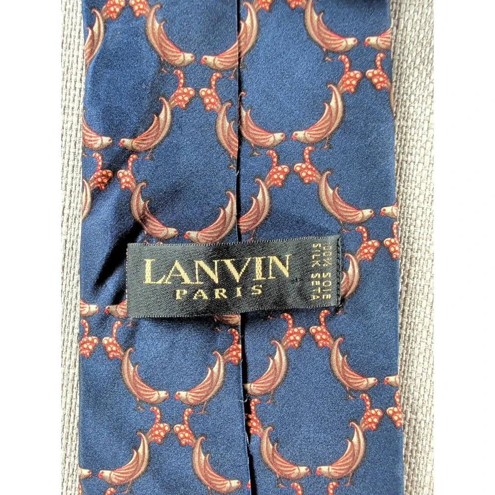 Lanvin Paris 100% Silk Necktie Blue Bird Floral Geometric Designer Tie